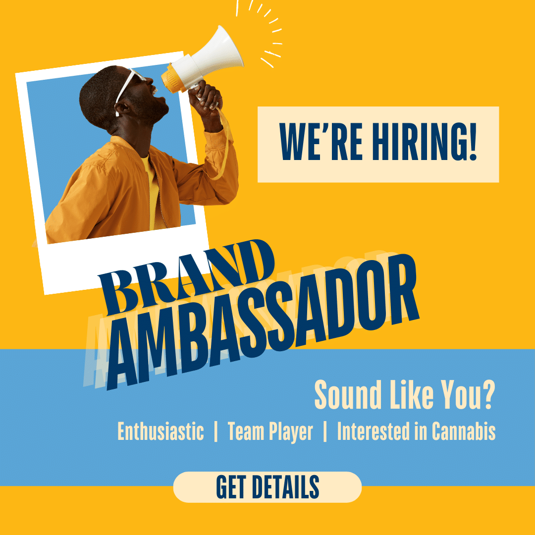 Graphic with man shoting into megaphone with the text: We're Hiring! Brand Ambassador. Sound Like You? Enthusiastic. Team Player. Interested in Cannabis. Get Details.
